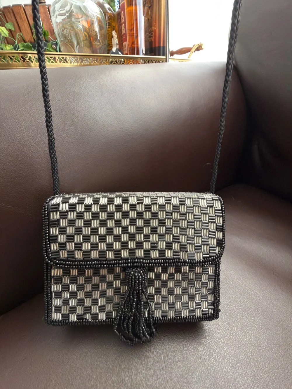 Vintage Magid Beaded Crossbody Bag Black Gold Checkerboard Tassel Evening Clutch